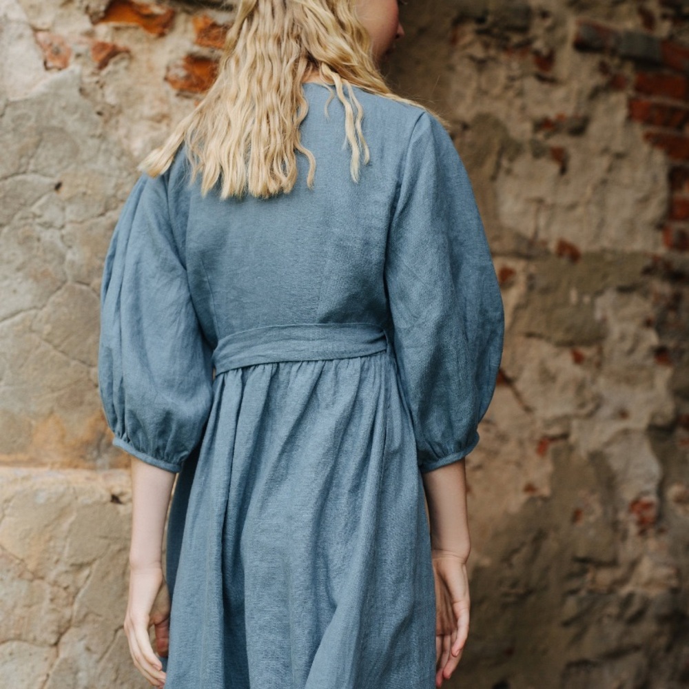 100% Black linen wrap dress made in Latvia - Picture 3 of 4
